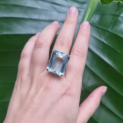 Art Deco 23.18ct Emerald Cut Aquamarine Solitaire Cocktail Ring in Platinum