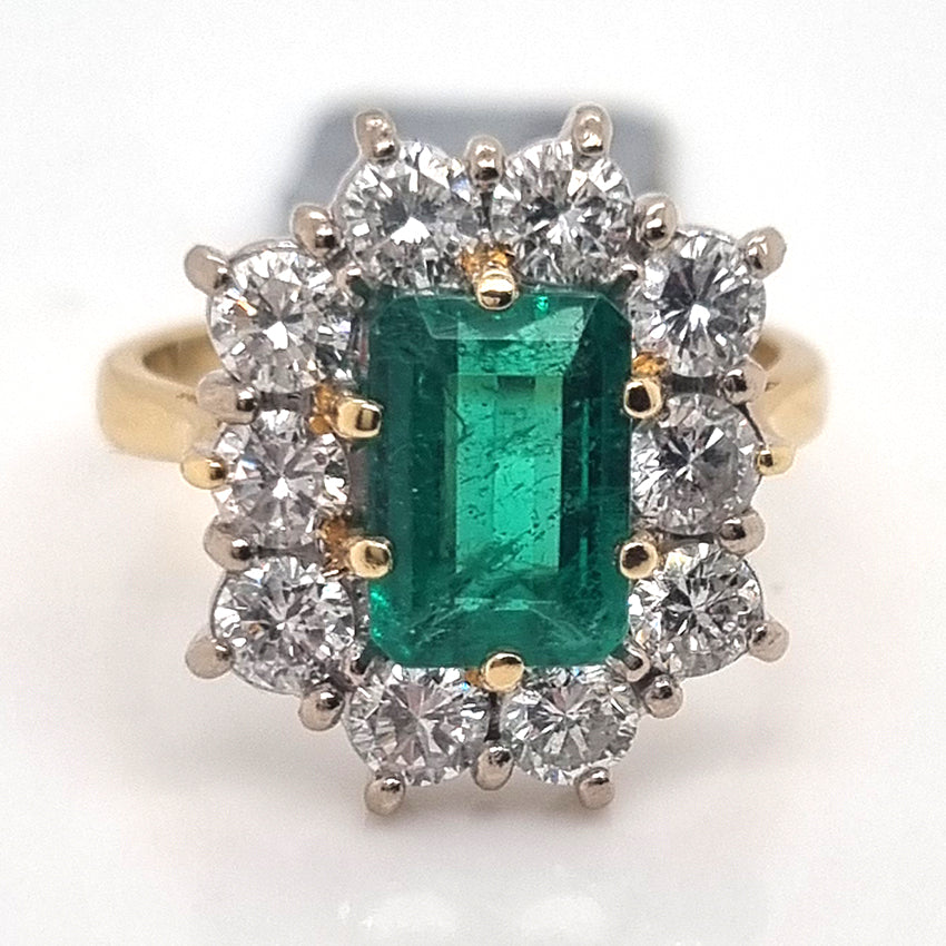Vintage 2ct Emerald Cut Emerald and 1.50ct Diamond Cluster Engagement Ring in 18ct yellow gold