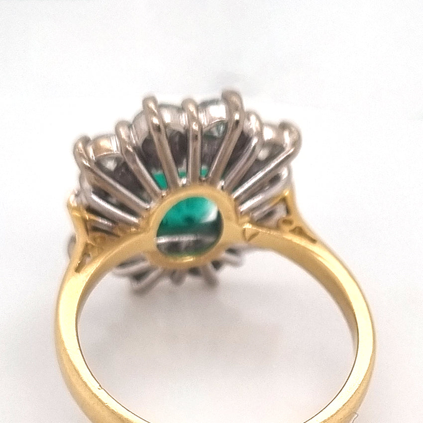 Vintage 2ct Emerald Cut Emerald and 1.50ct Diamond Cluster Engagement Ring in 18ct yellow gold