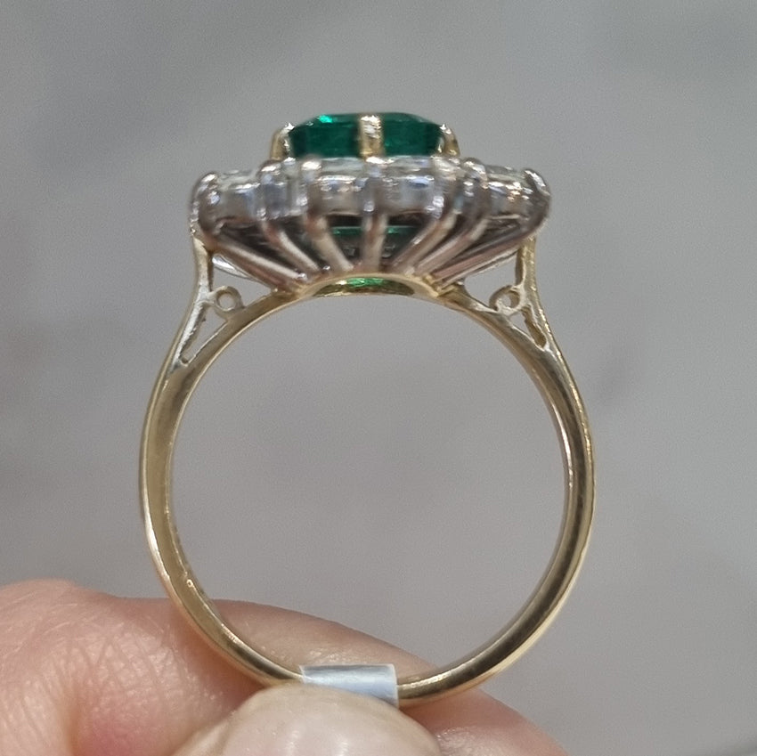 Vintage 2ct Emerald Cut Emerald and 1.50ct Diamond Cluster Engagement Ring in 18ct yellow gold
