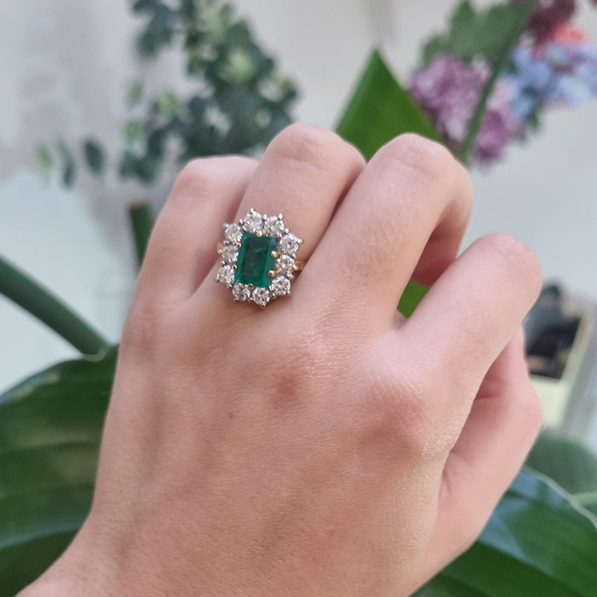 Vintage 2ct Emerald Cut Emerald and 1.50ct Diamond Cluster Engagement Ring in 18ct yellow gold