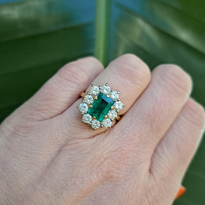 Vintage 2ct Emerald Cut Emerald and Diamond Cluster Ring