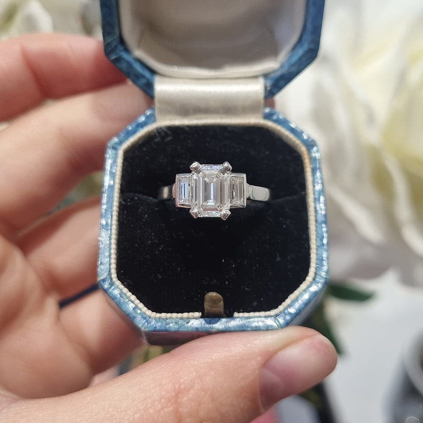 Art Deco Certified VS2 1.51ct Emerald Cut Diamond and Baguette Diamond Trilogy Three Stone Engagement Ring in Platinum