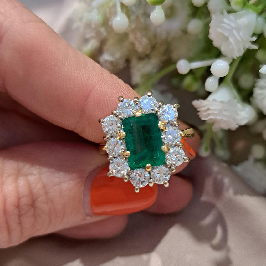 Vintage 2ct Emerald Cut Emerald and Diamond Cluster Ring