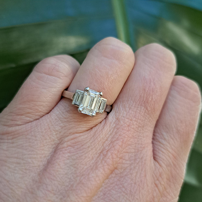 Art Deco 1.51ct Emerald Cut Diamond Trilogy Engagement Ring