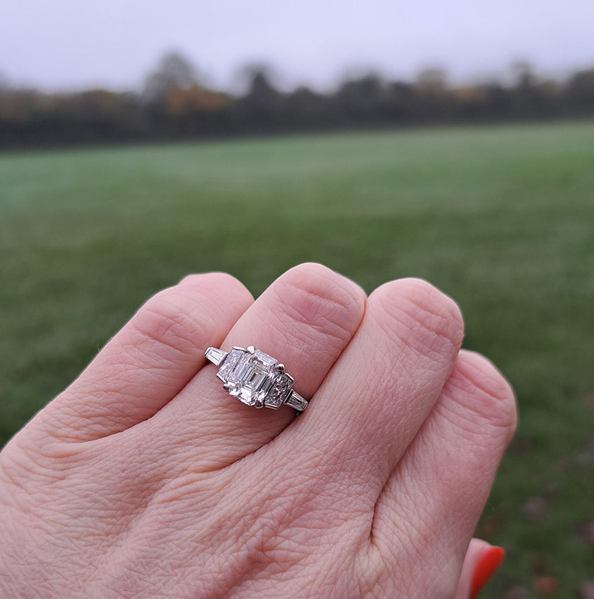 Vintage Art Deco 1.71 Emerald Cut Diamond Three Stone Ring in Platinum