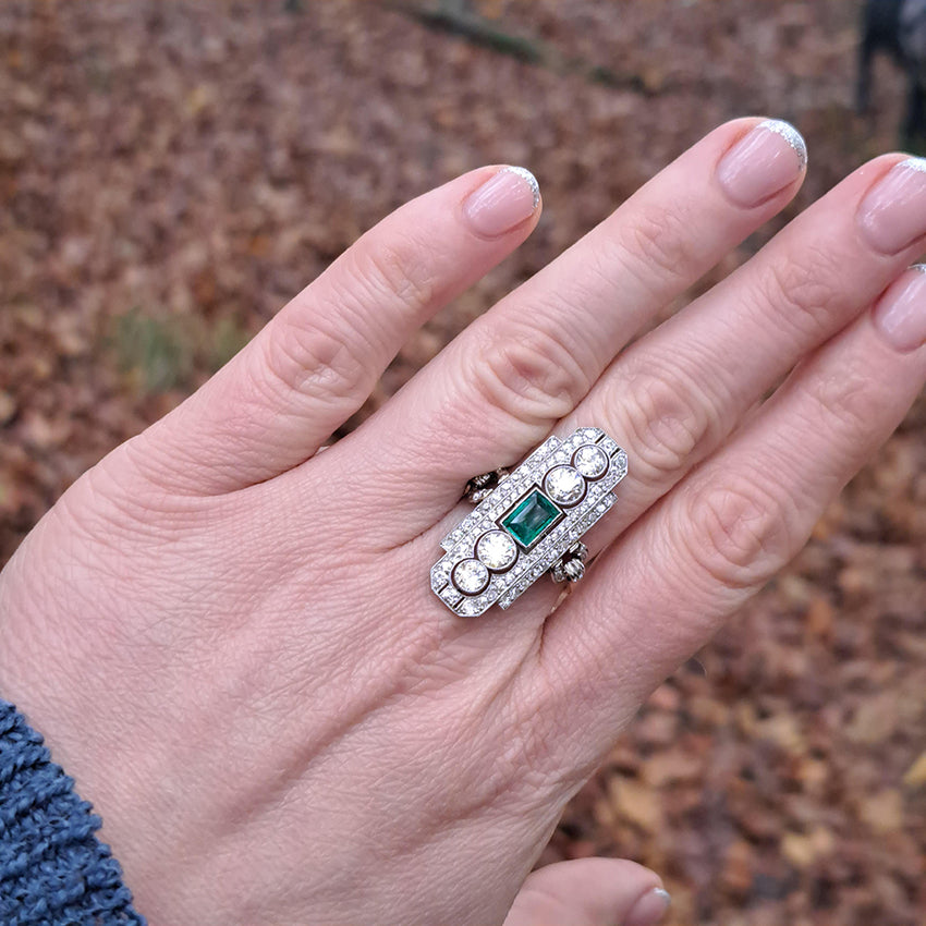 Art Deco Emerald and Diamond Plaque Ring, 3.50 carats