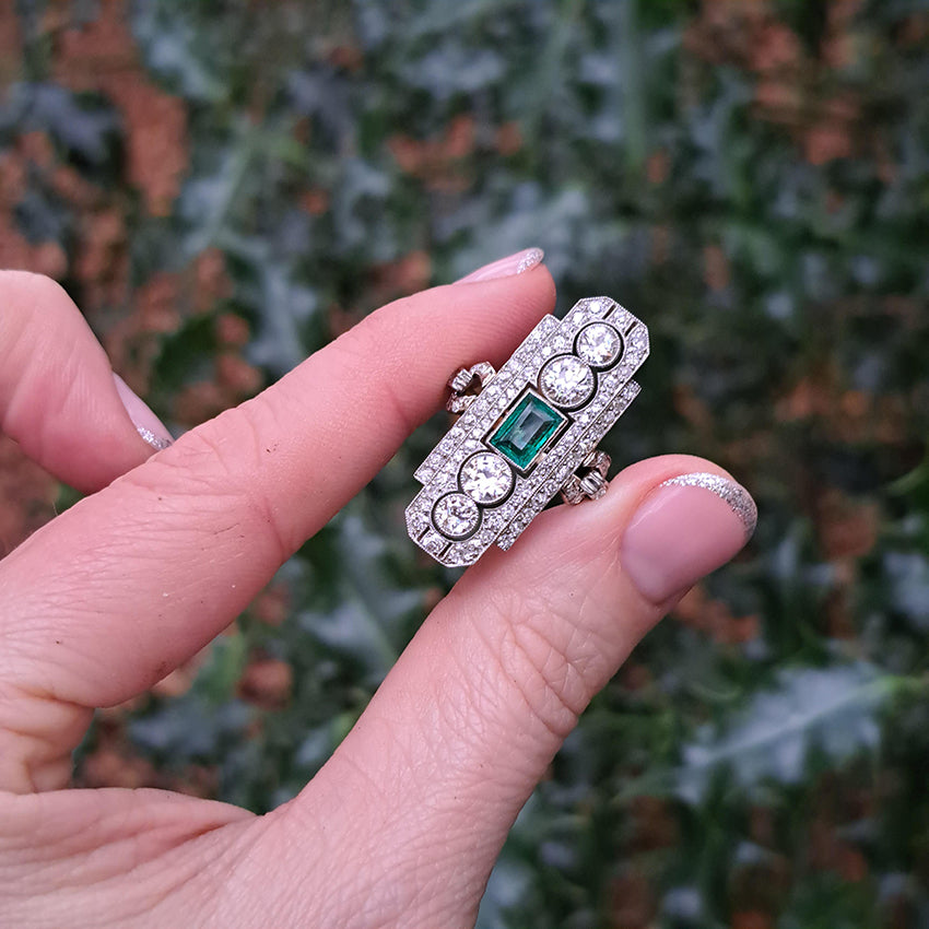 Art Deco Emerald and Diamond Plaque Ring, 3.50 carats