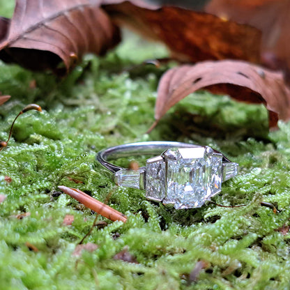 Vintage Art Deco 1.71 Emerald Cut Diamond Three Stone Ring in Platinum