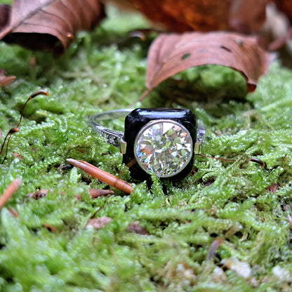 Art Deco Onyx and 2 Carat Old Cut Diamond Target Ring
