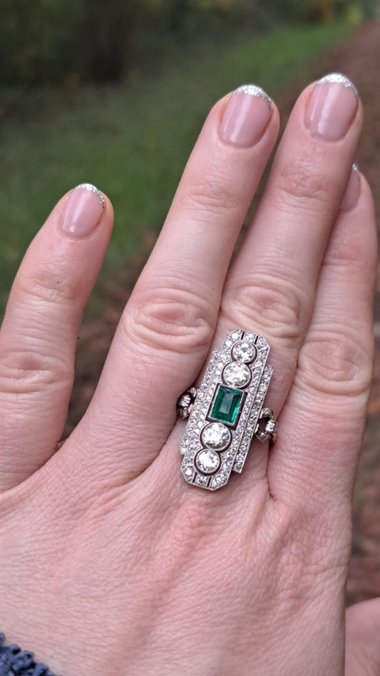 Art Deco Emerald and Diamond Plaque Ring, 3.50 carats