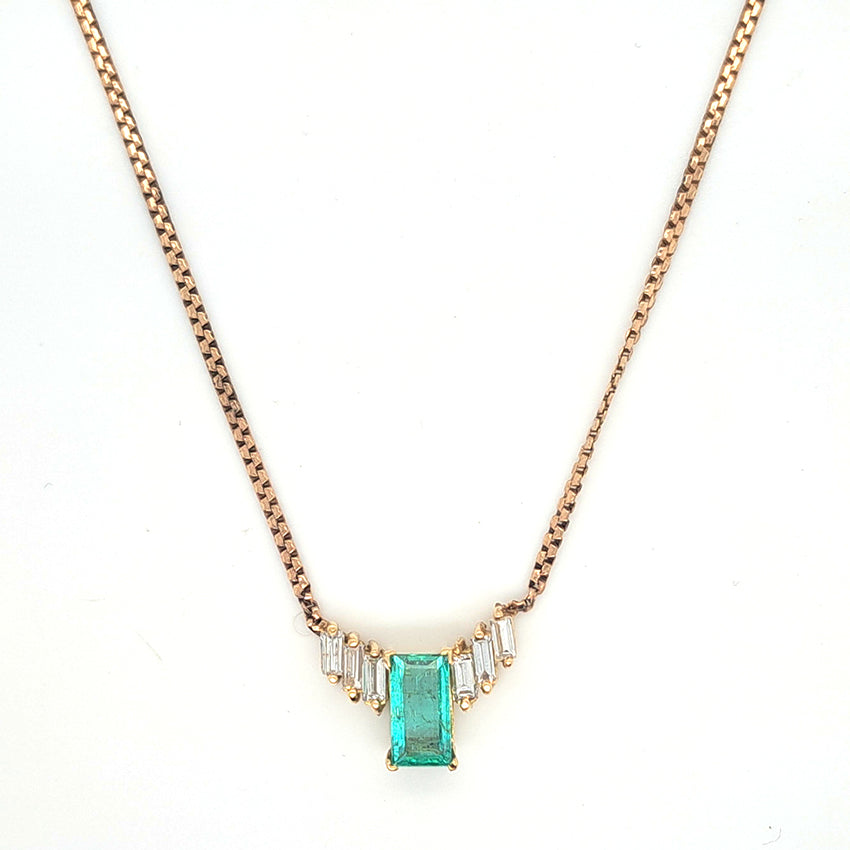 Vintage 1.50ct Colombian Emerald and Baguette Diamond Pendant Necklace