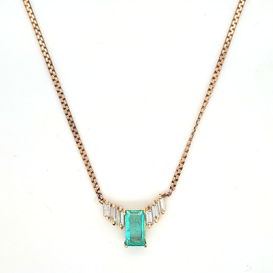 Vintage 1.50ct Colombian Emerald and Baguette Diamond Pendant Necklace