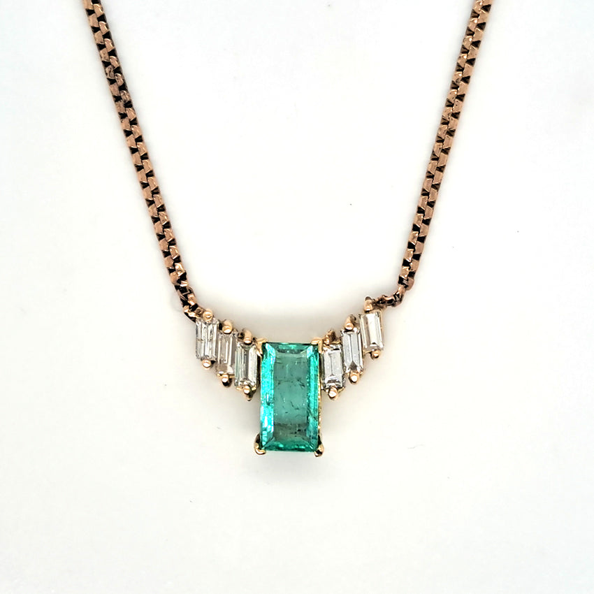 Vintage 1.50ct Colombian Emerald and Baguette Diamond Pendant Necklace