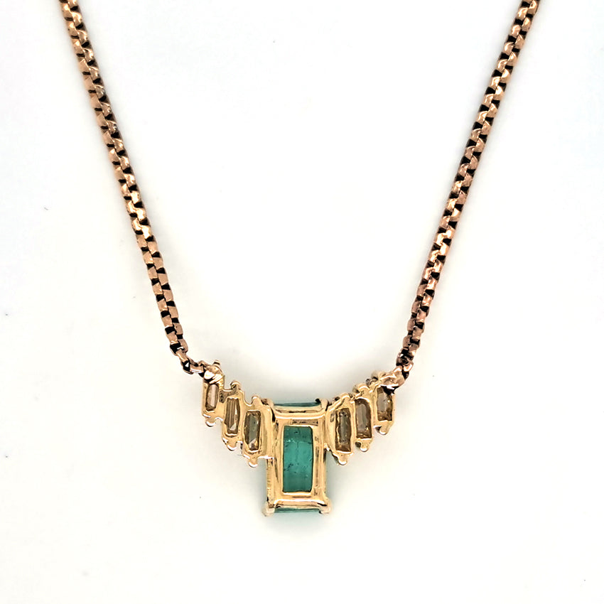 Vintage 1.50ct Colombian Emerald and Baguette Diamond Pendant Necklace