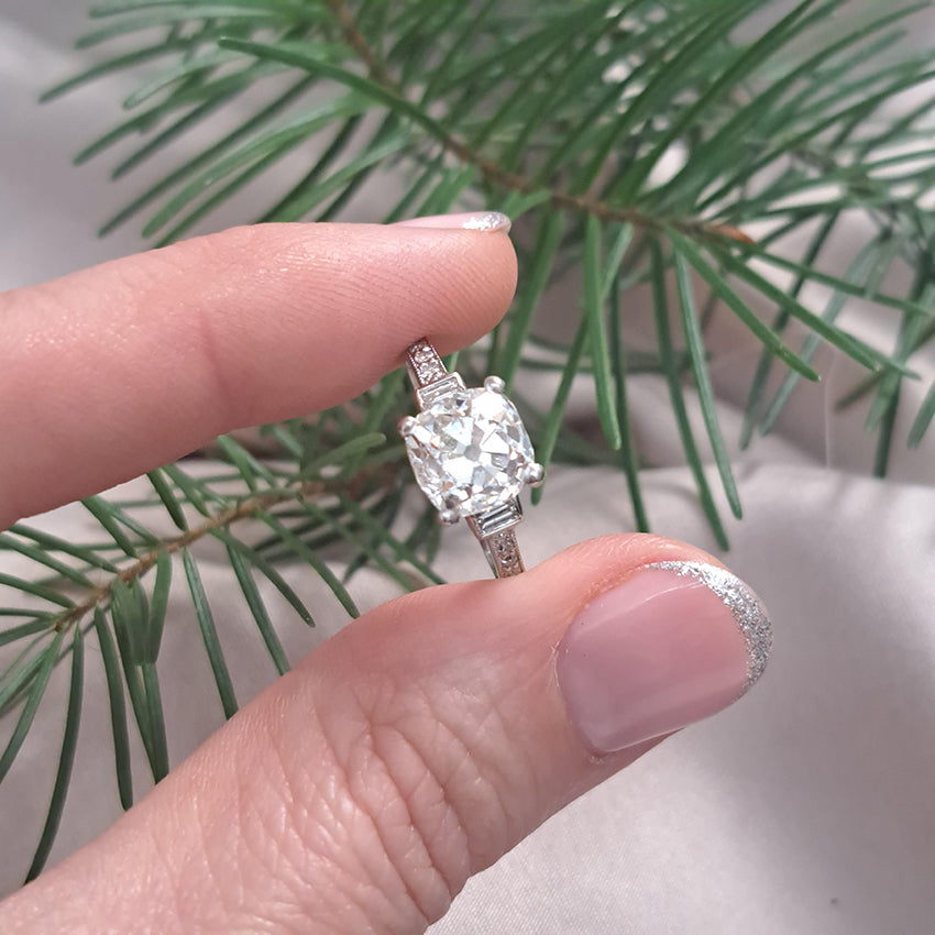 Art Deco 2.54ct Old Mine Cushion Cut Diamond Engagement Ring