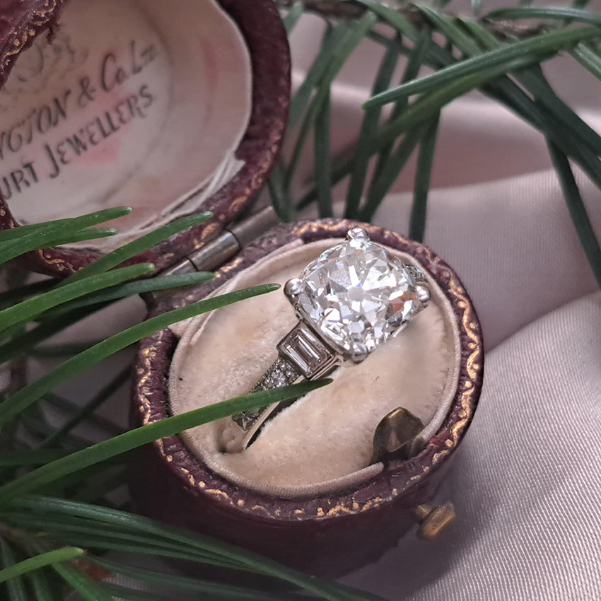 Art Deco 2.54ct Old Mine Cushion Cut Diamond Engagement Ring