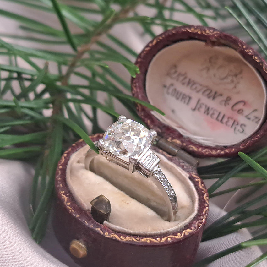 Art Deco 2.54ct Old Mine Cushion Cut Diamond Engagement Ring