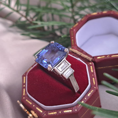 Magnificent Vintage 5.36ct Unheated Ceylon Sapphire and .70ct Diamond Platinum Engagement ring