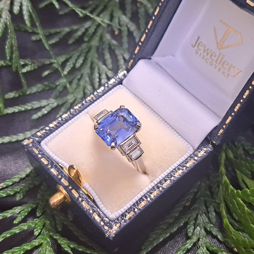 Magnificent Vintage 5.36ct Unheated Ceylon Sapphire and .70ct Diamond Platinum Engagement ring