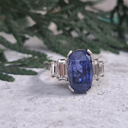 Art Deco 7.14ct No Heat Sapphire and Baguette Diamond Engagement Ring