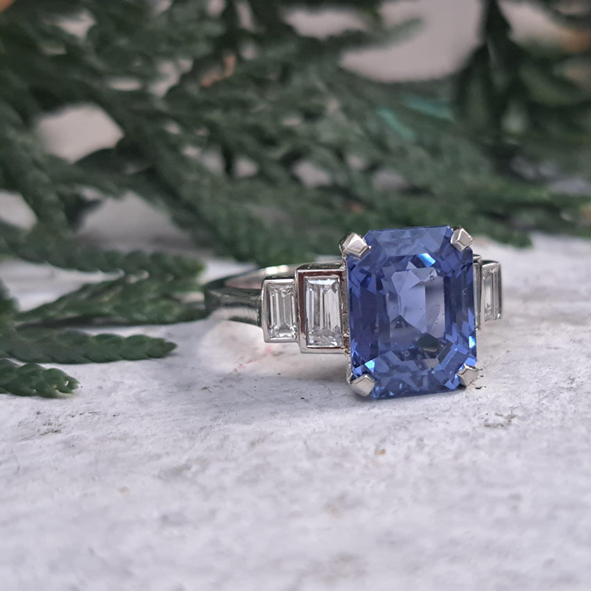Magnificent Vintage 5.36ct Unheated Ceylon Sapphire and .70ct Diamond Platinum Engagement ring