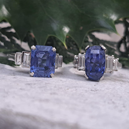 Art Deco 7.14ct No Heat Sapphire and Baguette Diamond Engagement Ring