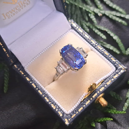Art Deco 7.14ct No Heat Sapphire and Baguette Diamond Engagement Ring