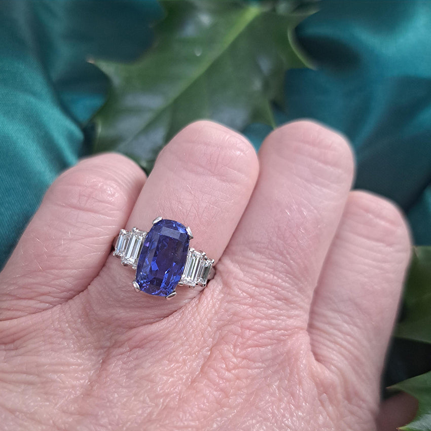 Art Deco 7.14ct No Heat Sapphire and Baguette Diamond Engagement Ring