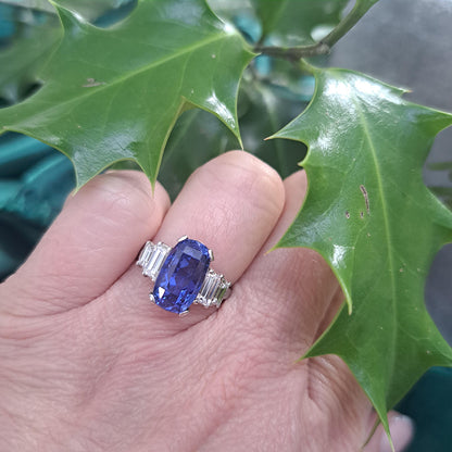Art Deco 7.14ct No Heat Sapphire and Baguette Diamond Ring
