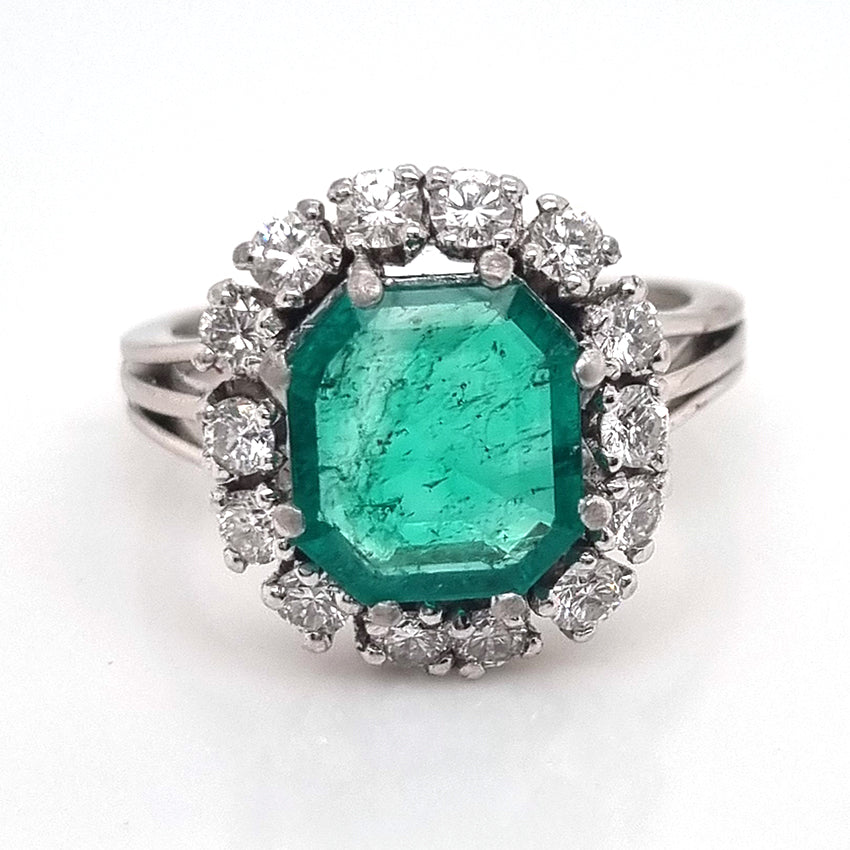 Vintage 3ct Colombian Emerald and Diamond Cluster Engagement Ring 1950s
