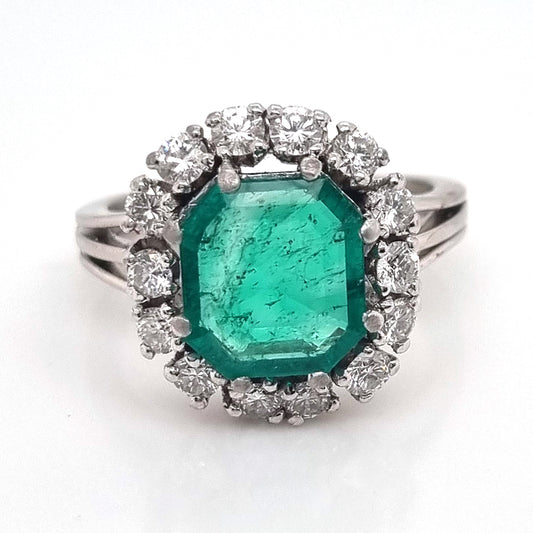 Vintage 3ct Colombian Emerald and Diamond Cluster Engagement Ring 1950s