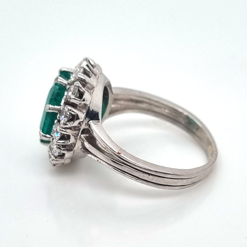 Vintage 3ct Colombian Emerald and Diamond Cluster Engagement Ring 1950s