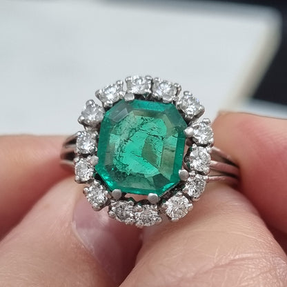 Vintage 3ct Colombian Emerald and Diamond Cluster Engagement Ring 1950s