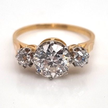 Art Deco French 1.81ct Old Cut Diamond Three Stone Engagement Ring, central 1.81ct F/G VS1 diamond flanked by smaller diamonds in platinum to 18ct yellow gold band