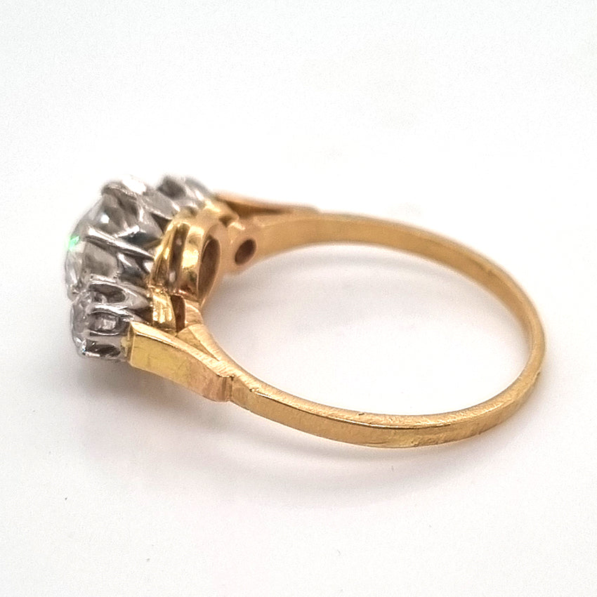 Art Deco French 1.81ct Old Cut Diamond Three Stone Engagement Ring, central 1.81ct F/G VS1 diamond flanked by smaller diamonds in platinum to 18ct yellow gold band