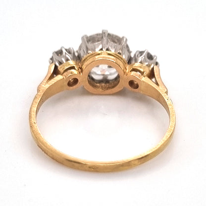 Art Deco French 1.81ct Old Cut Diamond Three Stone Engagement Ring, central 1.81ct F/G VS1 diamond flanked by smaller diamonds in platinum to 18ct yellow gold band