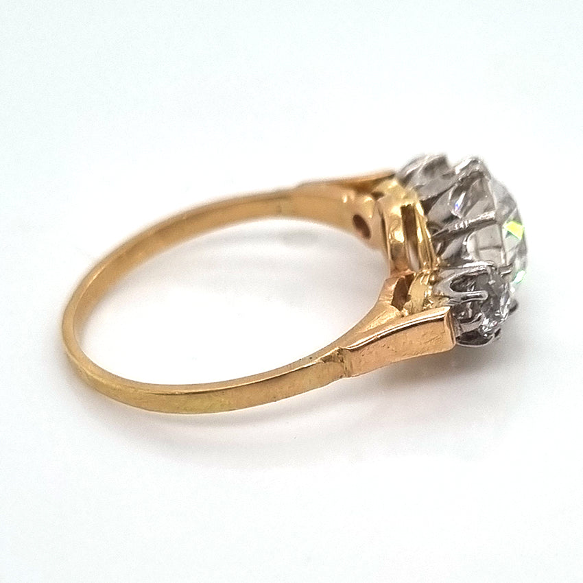 Art Deco French 1.81ct Old Cut Diamond Three Stone Engagement Ring, central 1.81ct F/G VS1 diamond flanked by smaller diamonds in platinum to 18ct yellow gold band