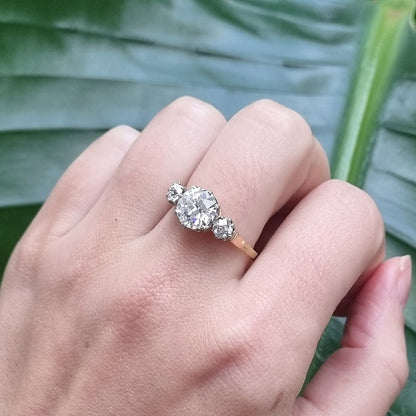Art Deco French 1.81ct Old Cut Diamond Three Stone Engagement Ring, central 1.81ct F/G VS1 diamond flanked by smaller diamonds in platinum to 18ct yellow gold band