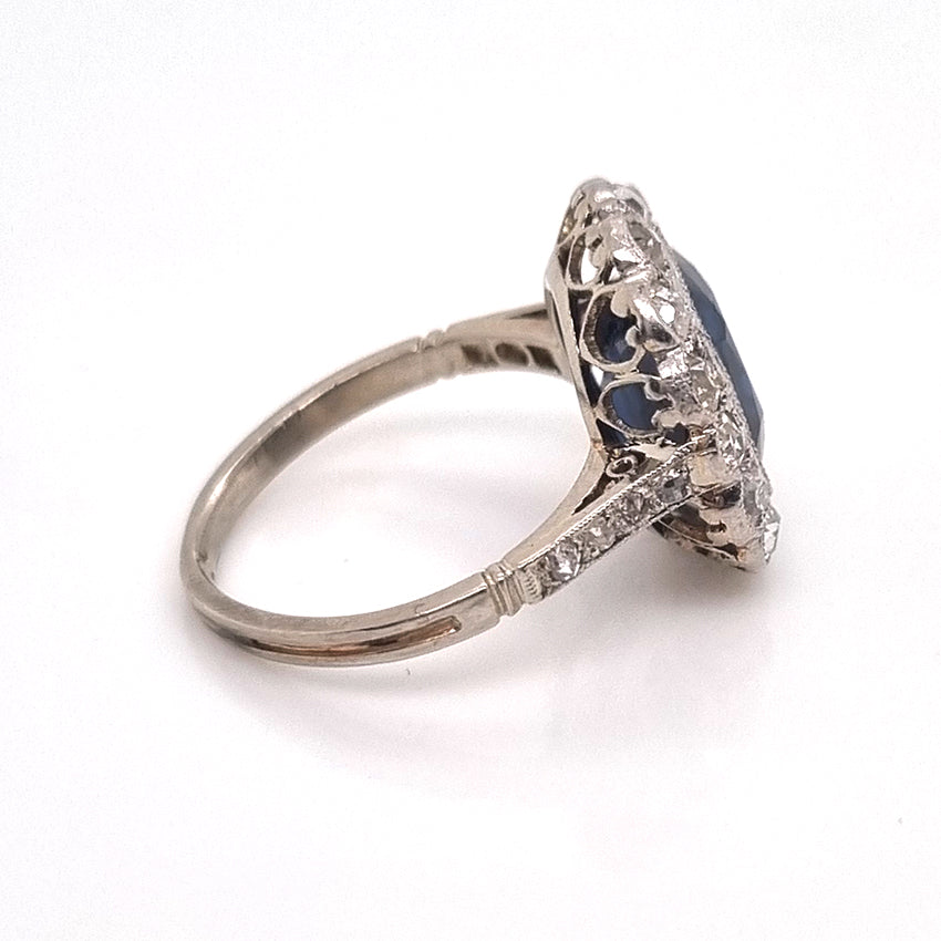 Art Deco 3ct Natural No Heat Sapphire and Diamond Cluster Engagement Ring