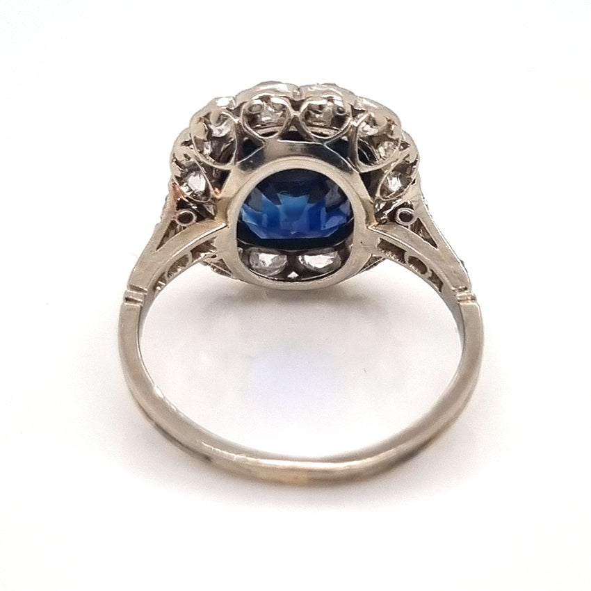 Art Deco 3ct Natural No Heat Sapphire and Diamond Cluster Engagement Ring