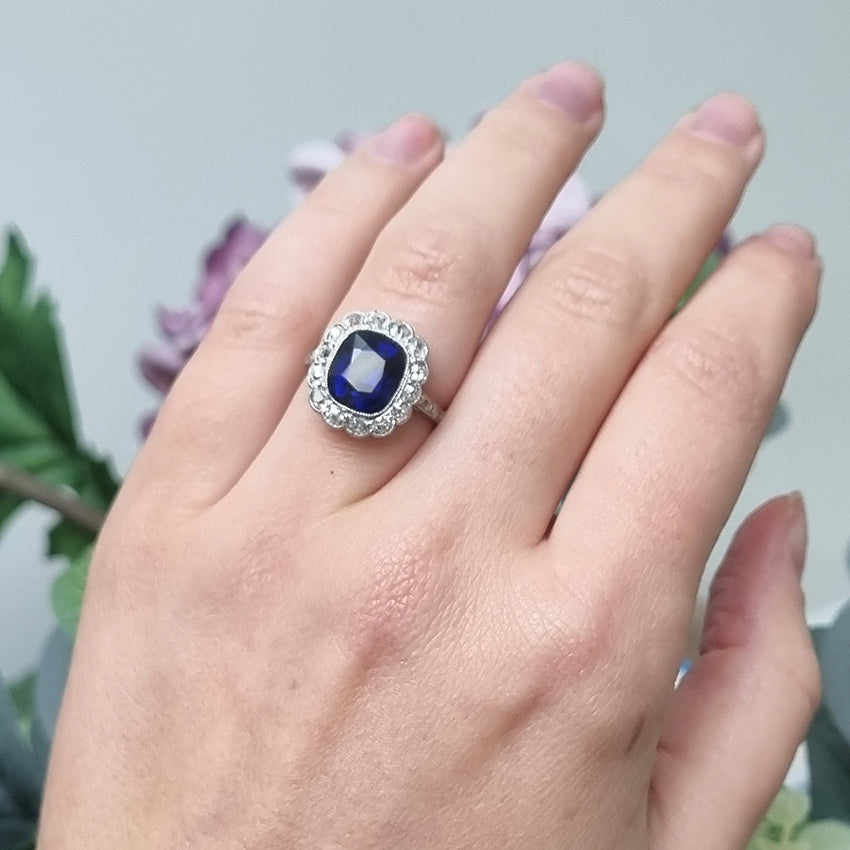 Art Deco 3ct Natural No Heat Sapphire and Diamond Cluster Engagement Ring