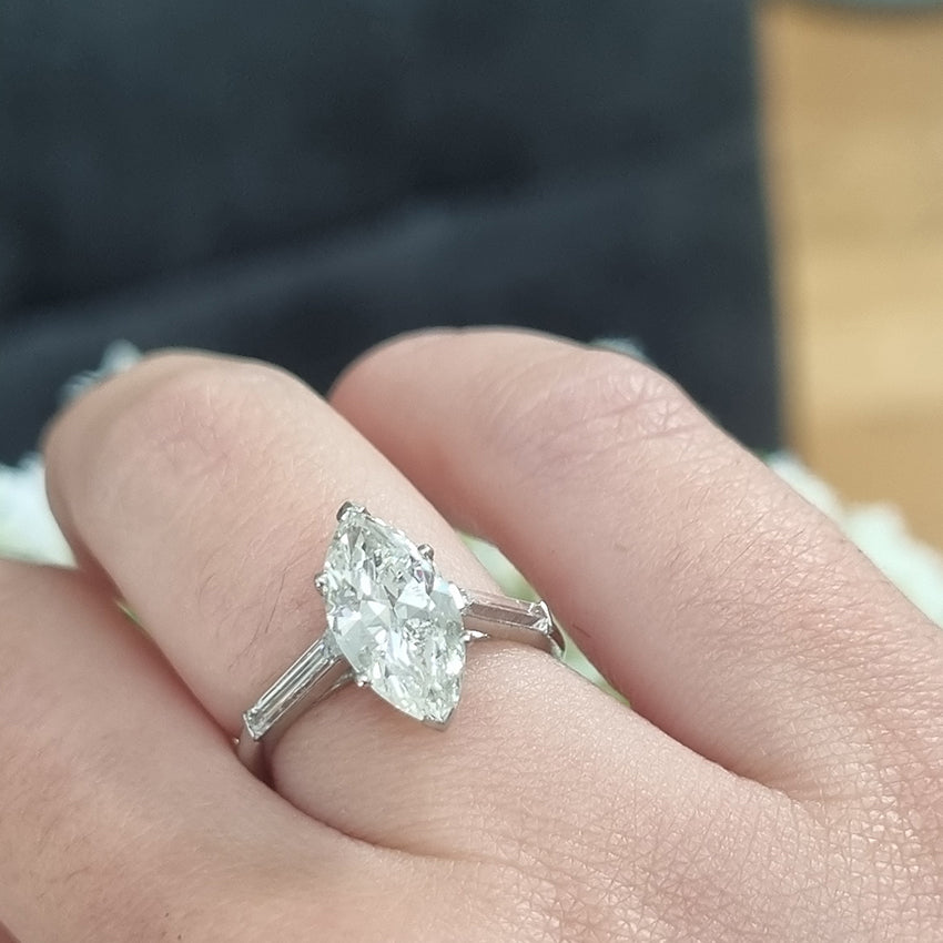 2ct Marquise Cut Diamond Solitaire Engagement Ring in Platinum, single stone 2.15ct marquise-cut diamond with I J colour and SI1 clarity