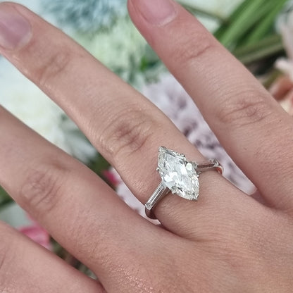 2ct Marquise Cut Diamond Solitaire Engagement Ring in Platinum, single stone 2.15ct marquise-cut diamond with I J colour and SI1 clarity tapered baguette diamond shoulders