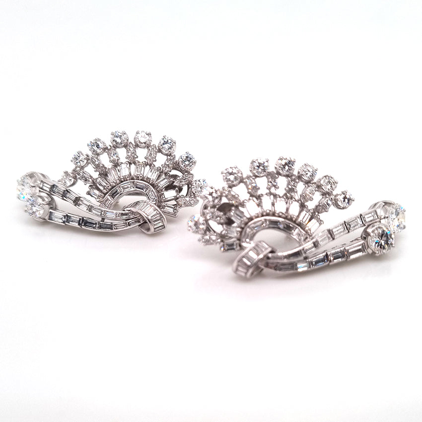 Carl Bucherer Vintage Diamond Spray Earrings in Platinum, set with sparkling brilliant, baguette and marquise-cut diamonds with post and clip fittings. Circa 1950s