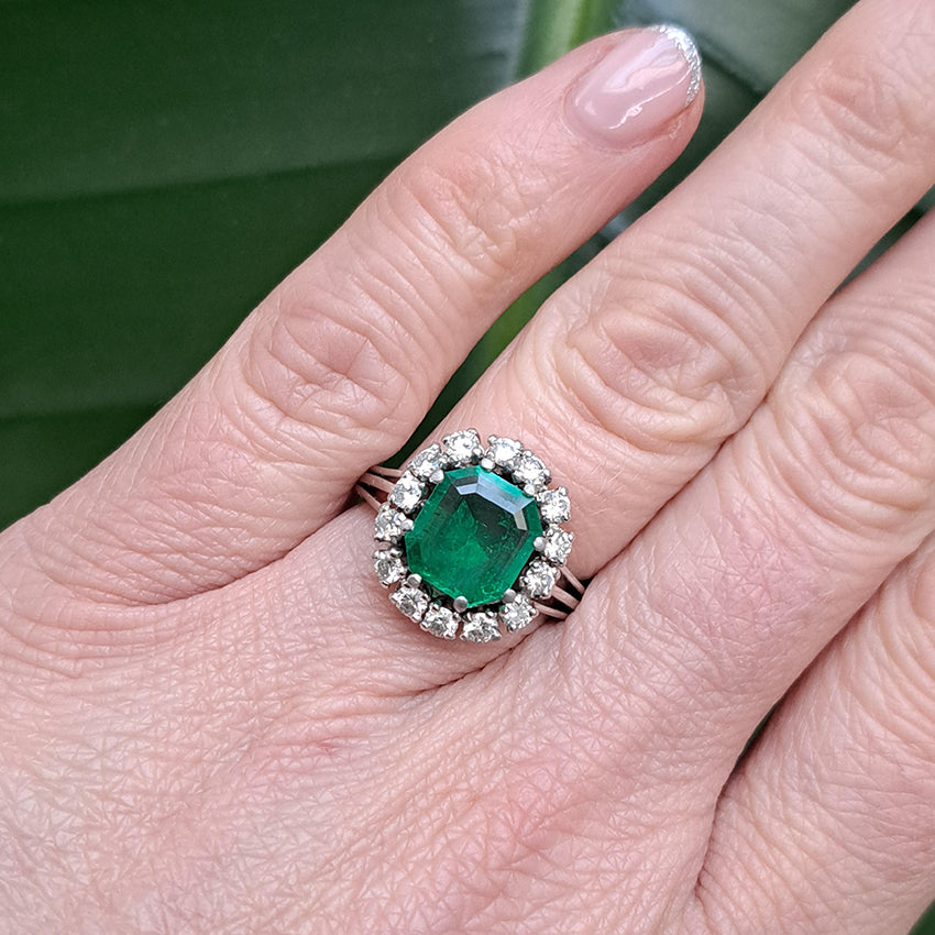 Vintage 3ct Colombian Emerald and Diamond Cluster Engagement Ring 1950s