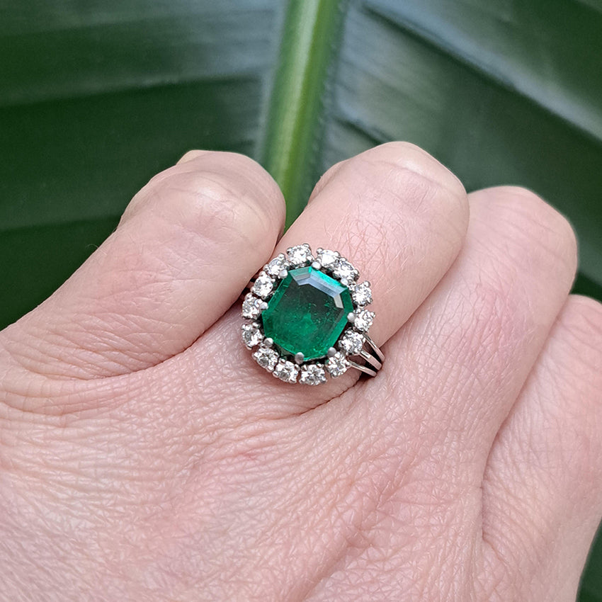 Vintage 3ct Colombian Emerald and Diamond Cluster Engagement Ring 1950s