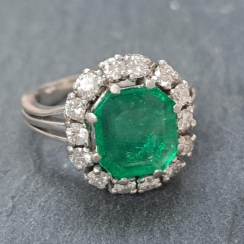 Vintage 3ct Colombian Emerald and Diamond Cluster Engagement Ring 1950s