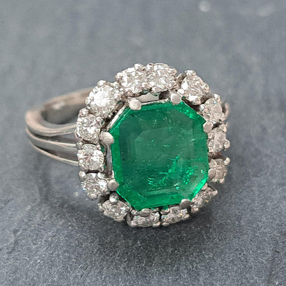 Vintage 3ct Colombian Emerald and Diamond Cluster Engagement Ring 1950s