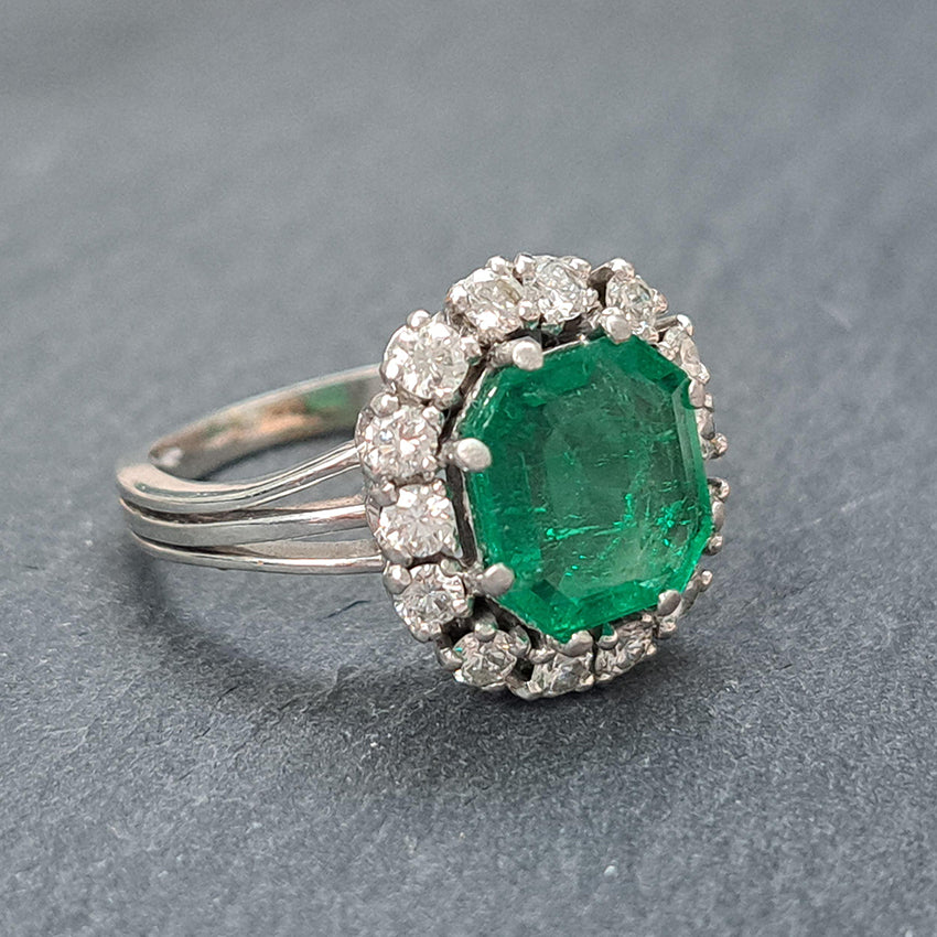 Vintage 3ct Colombian Emerald and Diamond Cluster Engagement Ring 1950s